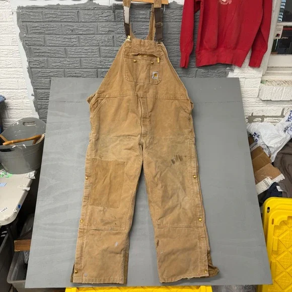 Carhartt R02 BRN Duck Bib Overalls Brown Quilt Lined Double Knee Mens 50x30 - Picture 2 of 6